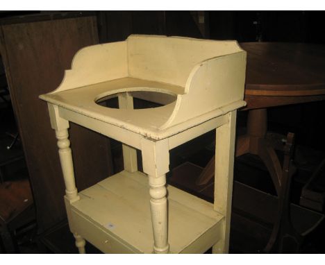 Victorian painted pine washstand with ceramic bowl, water jug, two chamber pots etc together with a white painted cane work c