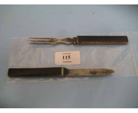 18th Century steel and wooden campaign knife and fork set