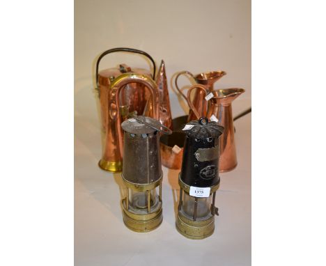 Two miners safety lamps and a quantity of other miscellaneous copper ware including a bugle