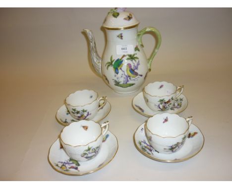 Herend porcelain coffee pot together with a set of four matching cups and saucers