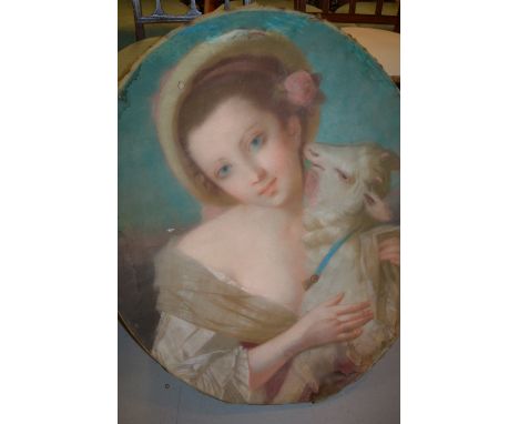 19th Century oval pastel portrait of a girl with a goat, unframed together with a framed pastel portrait of a child carrying 