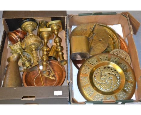Two boxes containing a quantity of various copper and brass including pair of candlesticks and a sundial top