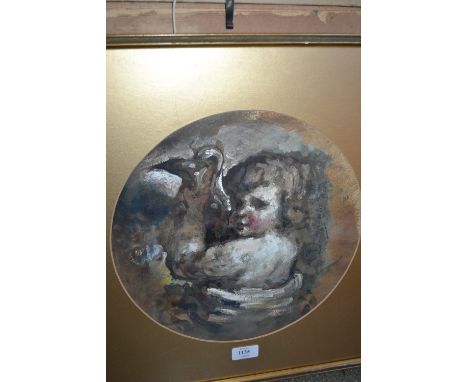 Gilt framed circular mounted gouache painting, half length portrait of a putti