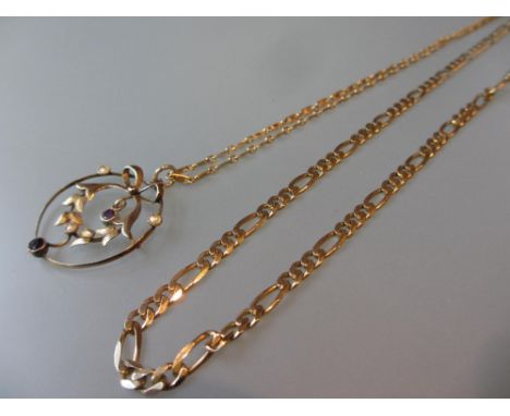 Amethyst and seed pearl set pendant on a 9ct gold chain together with another 9ct gold chain