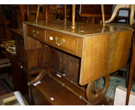 Reproduction mahogany drop-leaf sofa table together with a reproduction mahogany brass inlaid coffee table