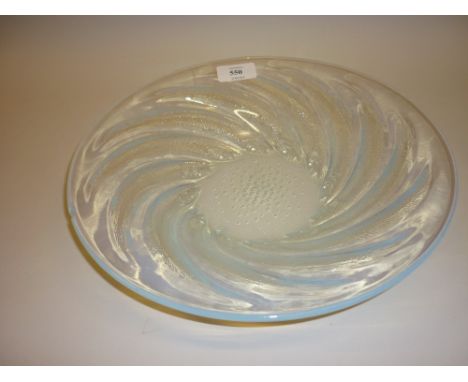 R. Lalique circular iridescent Poissons pattern circular glass dish, 11.75ins diameter, 2.25ins high (with large chip to rim)