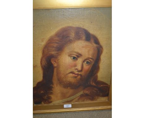 19th Century oil on canvas laid on board, portrait of Christ, 18ins x 14.5ins