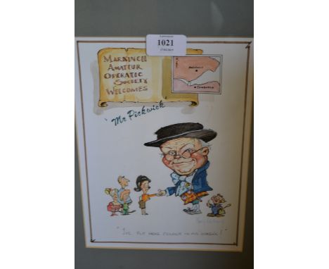 Harry Fairbairn, watercolour caricature, ' Mr Pickwick ', signed, framed together with Forestier, print on silk, a seated cav