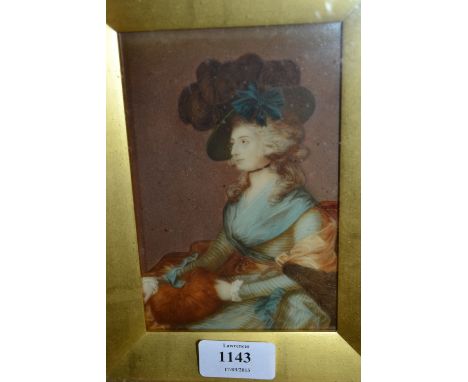 Small gilt framed portrait of an 18th Century lady with large hat, 6ins x 4ins