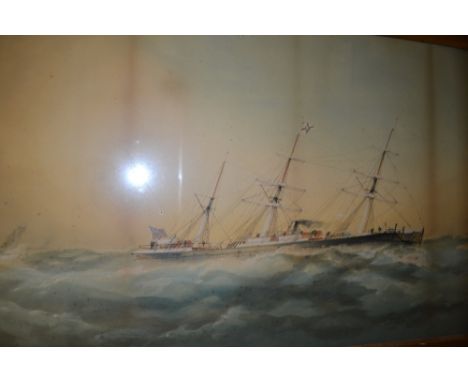 19th Century watercolour, portrait of the steam and sail ship S.S. Yorkshire, signed indistinctly, 21.5ins x 37ins, gilt fram