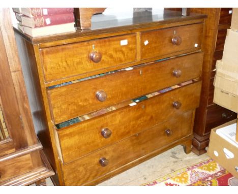 19th Century mahogany straight front chest of two short and three long graduated drawers with knob handles, raised on bracket