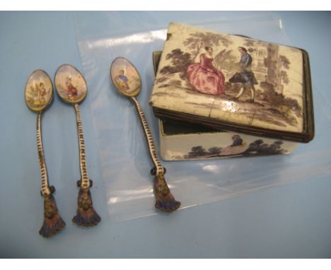 18th Century rectangular enamel snuff box painted with figures in landscapes (for restoration) together with three Continenta