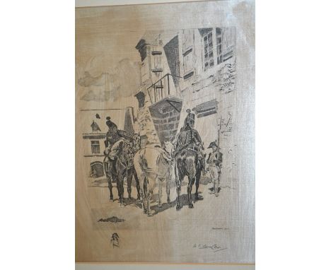 W. Edwin Law, engraving on silk, French cavalry soldiers after Meissonier, together with another engraving on silk of a seate