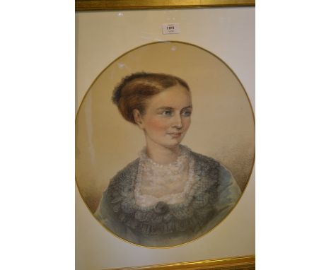 19th Century English school, pastel and watercolour half length portrait of a seated lady, oval mounted and gilt framed toget