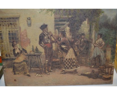 Pair of unframed oils on mahogany panel, possibly on print base, Spanish figures celebrating