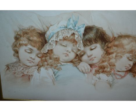 Pair of oak framed coloured prints, studies of children together with a maple framed print ' Christmas ' and five other frame