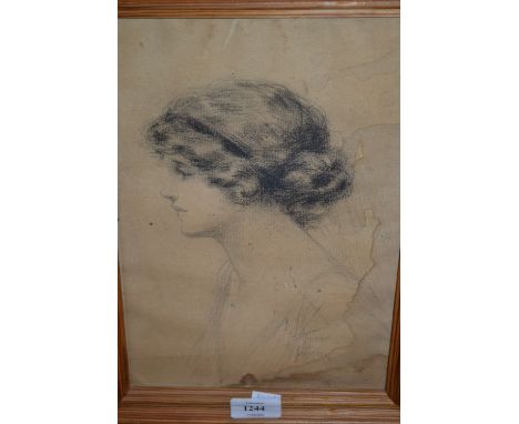 Florence M. Leicester, pencil head and shoulder portrait sketch of a lady in profile, signed, 11ins x 7.5ins (water damaged),