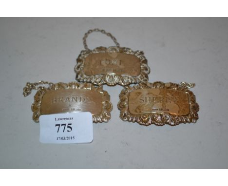 Group of three silver decanter labels for port, brandy and sherry