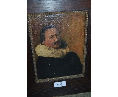 Oak framed oil, half length portrait of a gentleman with white ruff collar, 8ins x 6ins