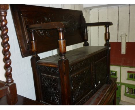 Early 20th Century carved oak box seat monks bench