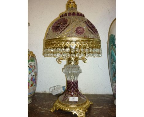 Gilt metal clear and purple coloured cut glass table lamp base with matching shade