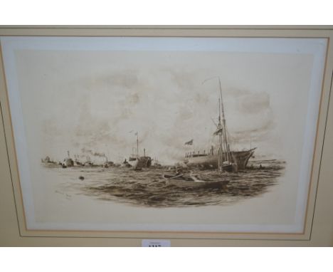 Photogravure, W. Wyllie print of the Thames near Gravesend Bridge, busy steam and sail ship scene, together with a watercolou