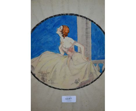 Molly Latham, signed ink and gouache on vellum, portrait of a young lady, 12.5ins x 9.5ins