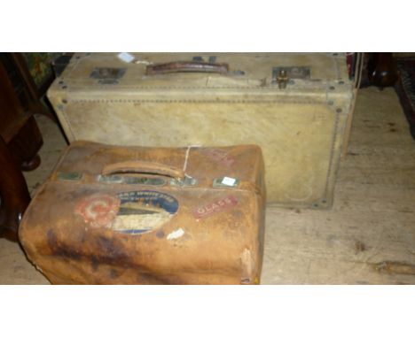 Small 19th Century pine and metal bound trunk, a leather Gladstone bag with White Star luggage labels together with a pig ski