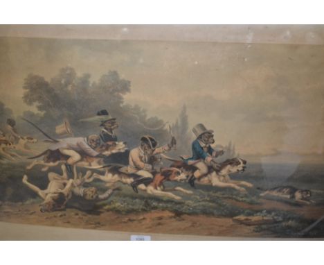 Large 19th Century coloured lithograph mounted on canvas, entitled ' Full Cry - Chasse en Plaine ' dated 1862 by Ragnier Bett