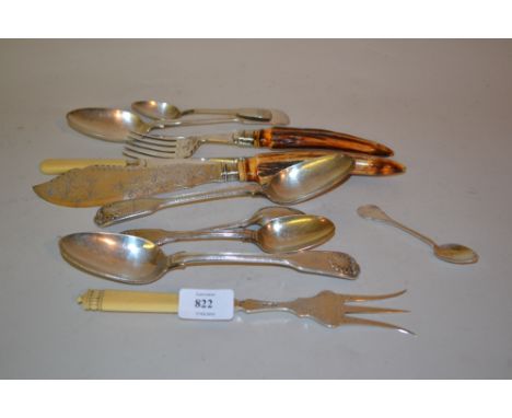 Five various silver spoons, silver mounted toasting fork, and a small quantity of plated flatware