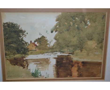 Norman Wilkinson, pen and watercolour, river scene, the Avon at Ibsley, signed and framed, 5ins x 7ins