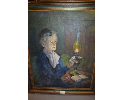 W. Eveleigh, 20th Century oil on board, lady seated beside a table with an oil lamp, signed, 21ins x 17ins, gilt framed