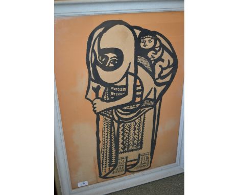 Naive style woodcut print, study of a mother carrying a child, possibly Canadian (Inuit), 25ins x 18ins
