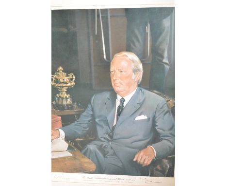 Terence Cuneo, large print of the Right Honourable Edward Heath, signed by the sitter and artist, housed in a gilt frame, 30i