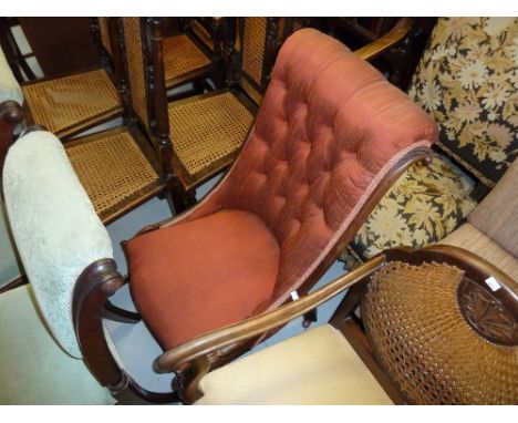 19th Century mahogany nursing chair with button upholstered back raised on cabriole front supports together with a George III