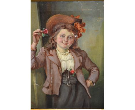 Justus Hill, oil on canvas, three quarter length portrait of a girl standing beside a door holding a rose (for restoration), 