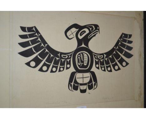 North American school print, stylised study of a bird, indistinctly signed, 12.5ins x 19ins