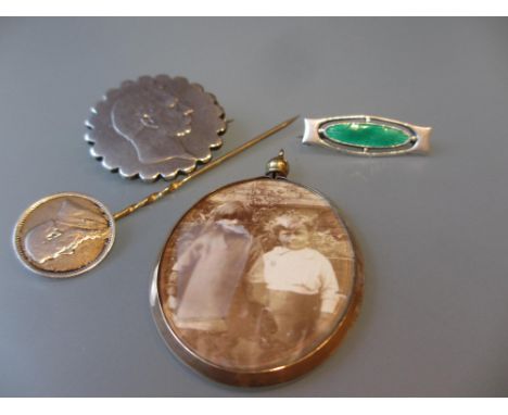 Charles Horner, silver and green enamel bar brooch, a stick pin and two other items