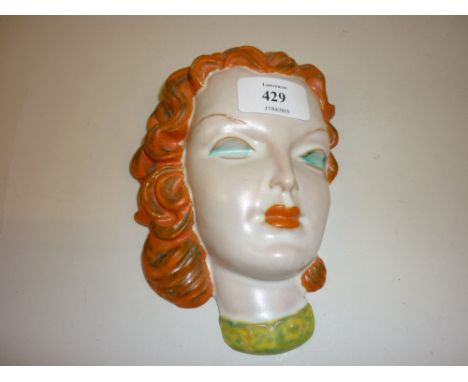 Goldscheider terracotta Art Deco wall mask in the form of a lady with red hair, marked Goldscheider, made in Austria 7816, 6.