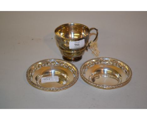Birmingham silver Christening mug and two silver trinket dishes with pierced borders