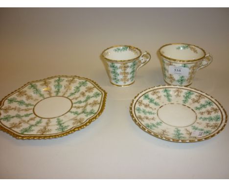 Chamberlain Worcester group of two cups, saucer and plate, pattern No. 1363