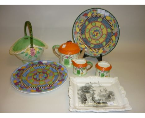 Two Royal Doulton Art Deco plates, black and white transfer printed dish a Burleigh ware flower basket and a Booths three pie