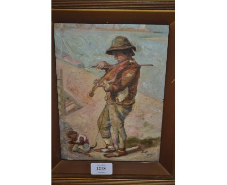 Laurence Scott, signed oil, portrait of a boy playing the fiddle on a quayside with his pet monkey, dated 1907, 10ins x 7ins