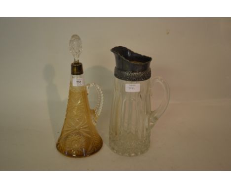 Cut glass and silver mounted sherry decanter with stopper and a cut glass lemonade jug with plated mount