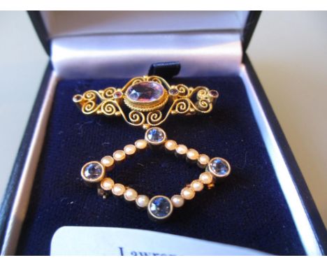 15ct Gold sapphire and split pearl set brooch of diamond form together with a 9ct gold filigree brooch set amethyst