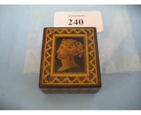 19th Century Tunbridge ware stamp box, the cover mosaic inlaid with a portrait of Queen Victoria