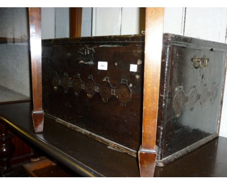 19th Century stained pine travel trunk with hinged cover (a/f)