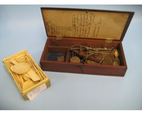 Pair of 19th Century brass and steel balance scales housed in a mahogany case together with a quantity of bone gaming counter