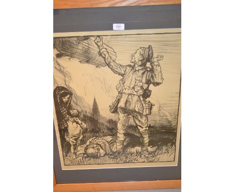 Frank Brangwyn lithographic print of a World War I soldier holding up his fist at an airship with father and family at his fe