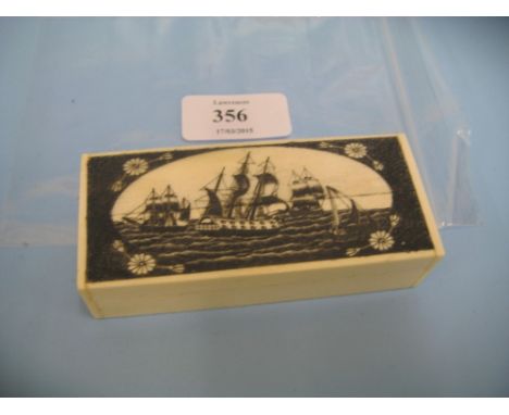 Rectangular bone trinket box engraved with various sailing ships